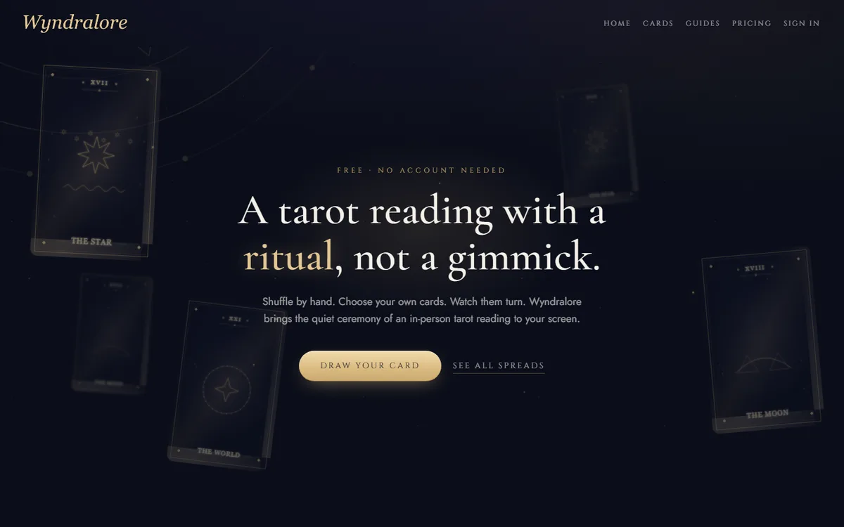 The Wyndralore homepage: a dark tarot reading site with floating cards